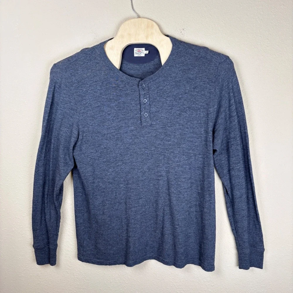 Faherty Mens XL Henley Shirt Blue Long Sleeve 100% Cotton Heathered Ribbed Cuff